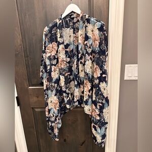 Navy Kimono with tan and blush flowers